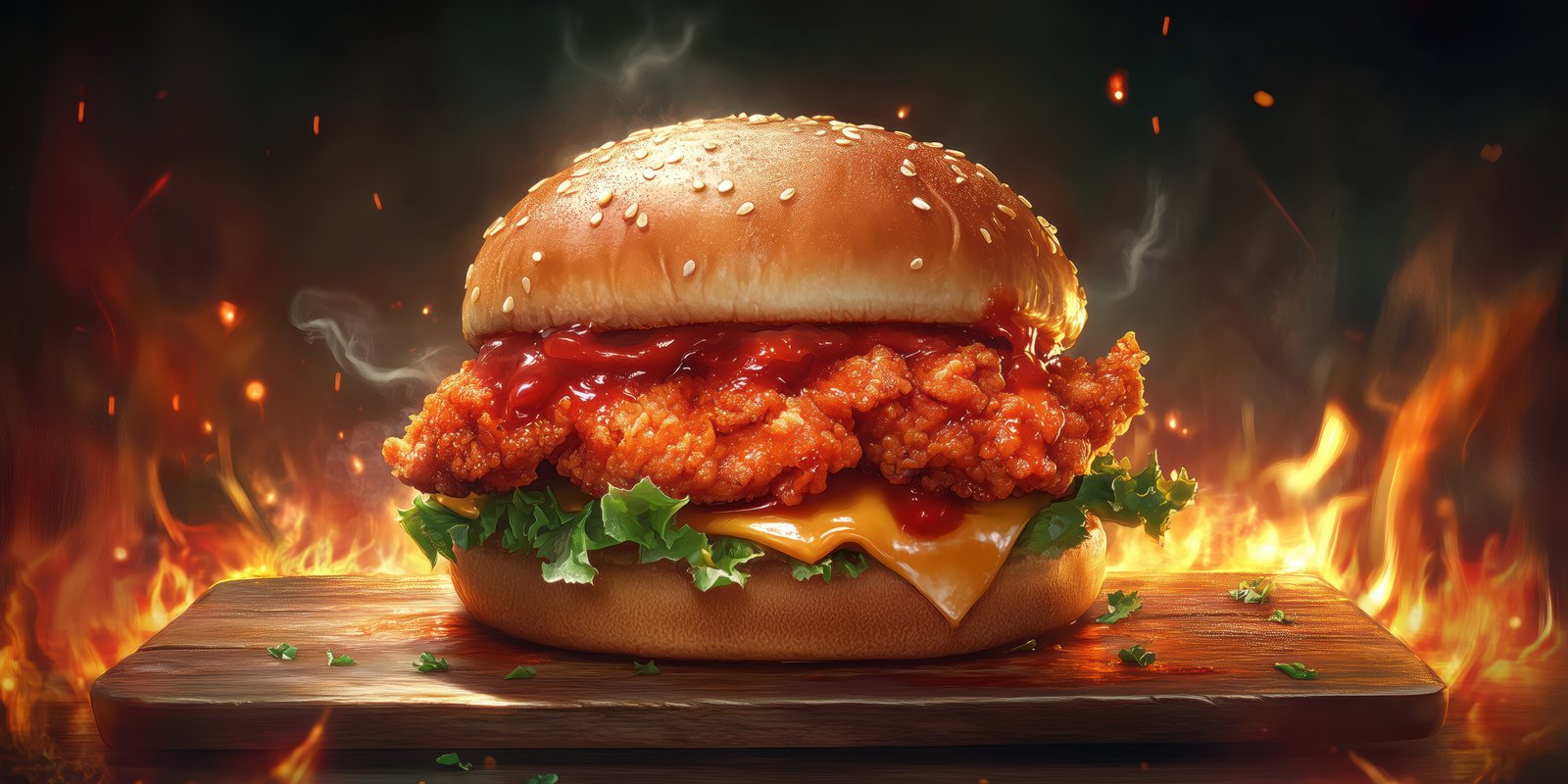 Delicious fried chicken burger with melted cheese and fresh vegetables served on a wooden board
